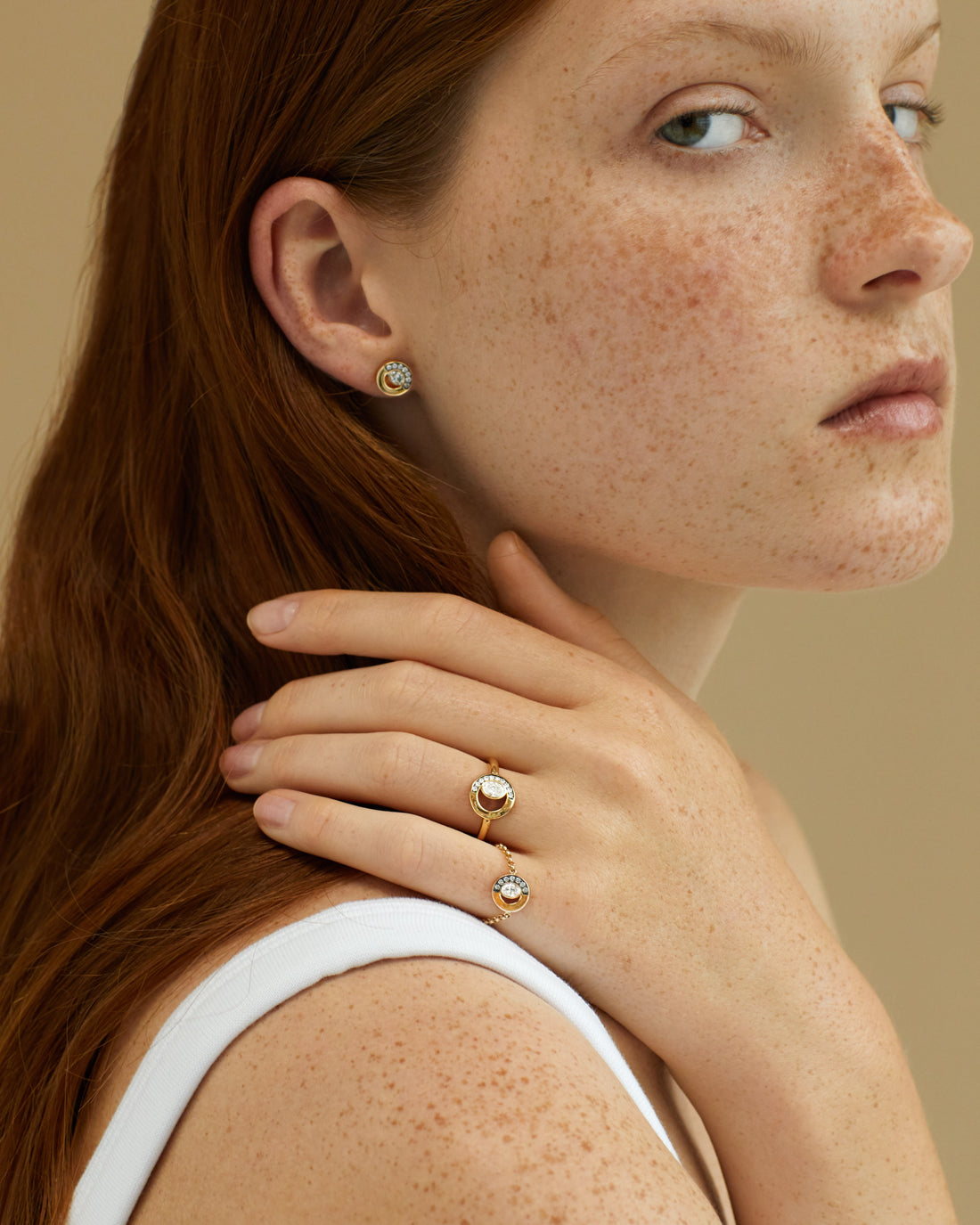 Model wearing Crescent Skydiamond Collection