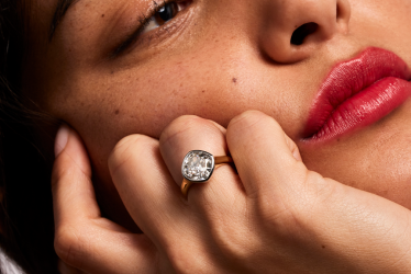 Image of women wearing a man-made diamond engagement ring from Skydiamond