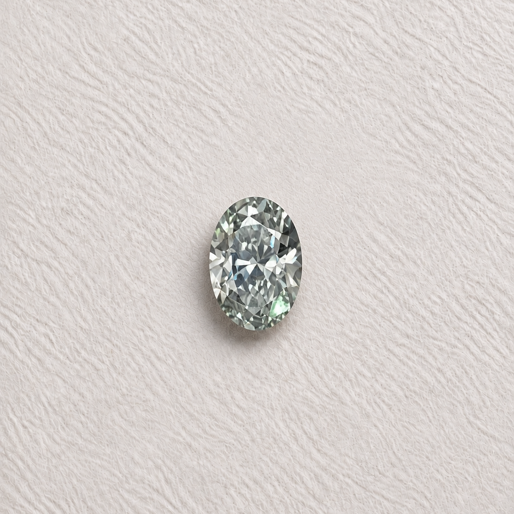 A single oval-cut clear gemstone with light greenish-blue reflections, centred on a textured off-white background.