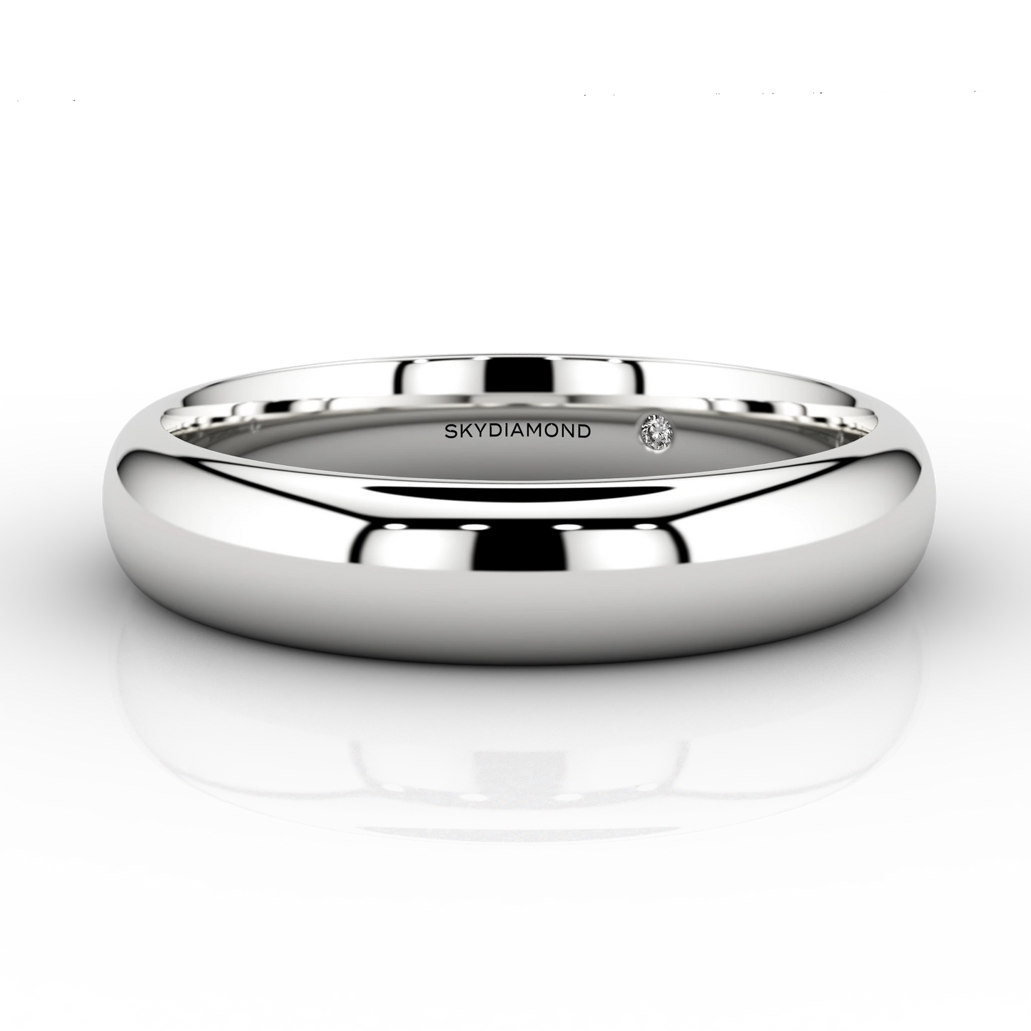 Image of modern wedding band in 18K white gold with hidden lab-grown Skydiamond in 4mm