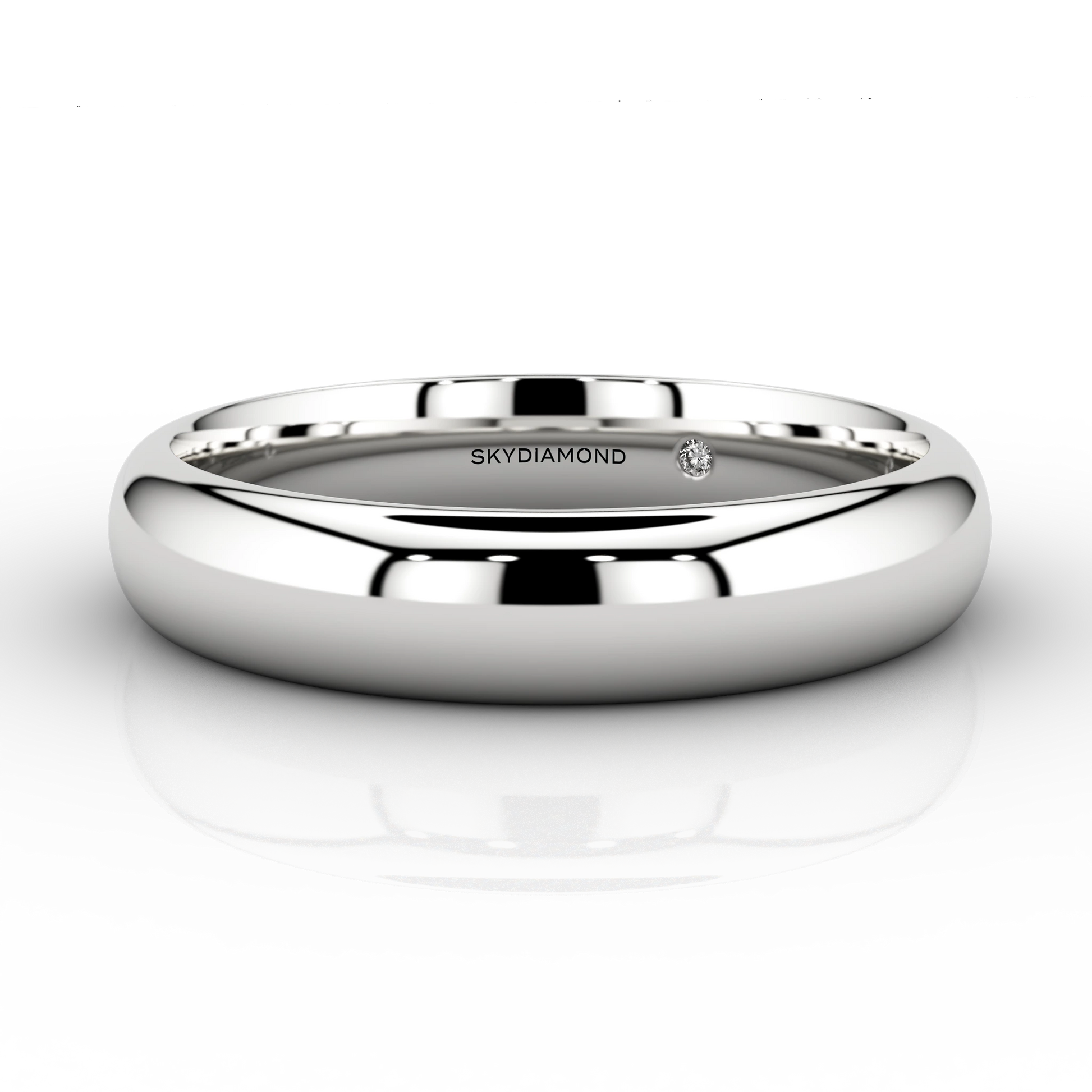 Image of modern wedding band in 18K white gold with hidden lab-grown Skydiamond in 4mm