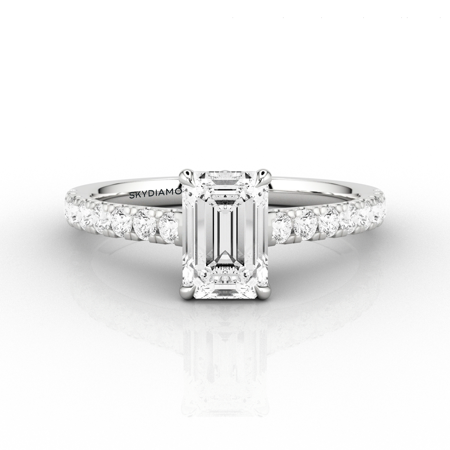 Emerald Cut with Micro-Pave 1.19ct Diamond Engagement Ring in 18ct Recycled White Gold